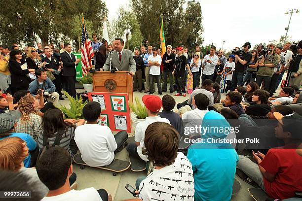 Eleven Francisee Koorosh Shahrokh speaks onstage as Pro Skatboarder Rob Dyrdek unveils 7-Eleven Urban Skate Store and opens "Safe Spot Skate Spot",...