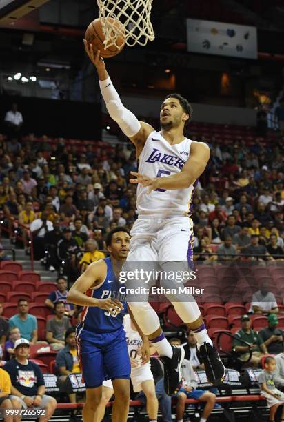 Josh Hart of the Los Angeles Lakers drives to the basket in front of Reggie Hearn of the Detroit Pistons during a quarterfinal game of the 2018 NBA...