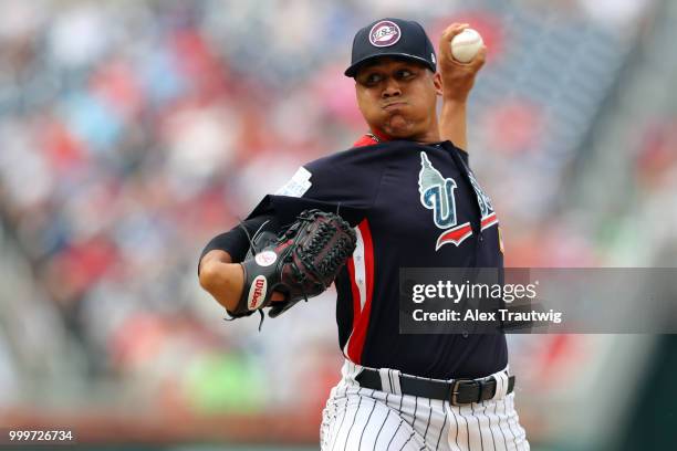 Justus Sheffield of Team USA pitches during the SiriusXM All-Star Futures Game at Nationals Park on Sunday, July 15, 2018 in Washington, D.C.