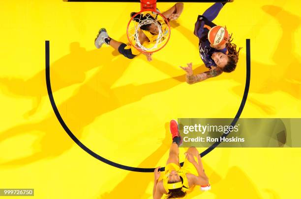 Brittney Griner of the Phoenix Mercury shoots the ball during the game against the Indiana Fever on July 15, 2018 at Bankers Life Fieldhouse in...