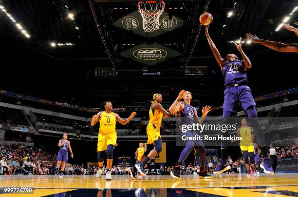 DeWanna Bonner of the Phoenix Mercury shoots the ball during the game against the Indiana Fever on July 15, 2018 at Bankers Life Fieldhouse in...