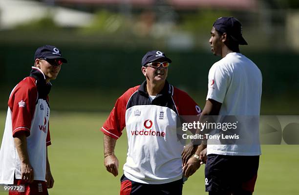 English academy coach Rod Marsh with players Nigel Laughton and Alex Tudor before the one-day match between the England Cricket Board National...