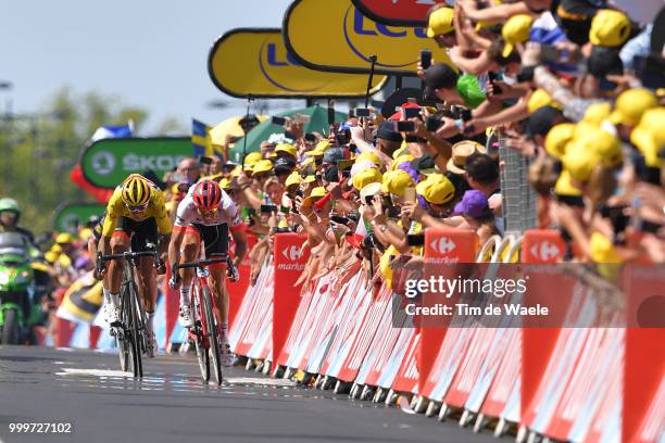 Arrival sprint / John Degenkolb of Germany and Team Trek Segafredo / Greg Van Avermaet of Belgium and BMC Racing Team Yellow Leaders Jersey / Yves...