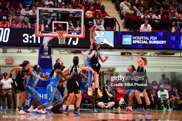 Jump ball between Gabby Williams of the Chicago Sky and Rebecca Allen of the New York Liberty on July 15, 2018 at Westchester County Center in White...