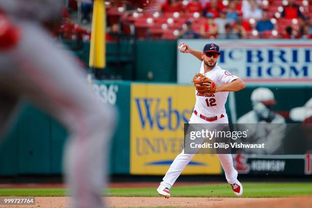Paul DeJong of the St. Louis Cardinals throws to first base against the Cincinnati Reds in the eighth inning at Busch Stadium on July 15, 2018 in St....