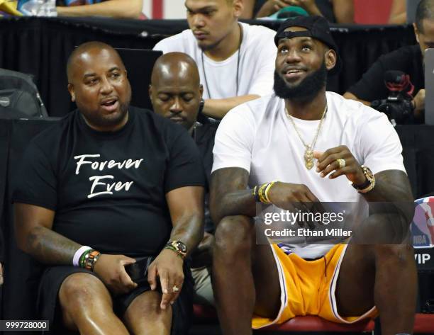 Randy Mims and LeBron James of the Los Angeles Lakers attend a quarterfinal game of the 2018 NBA Summer League between the Lakers and the Detroit...