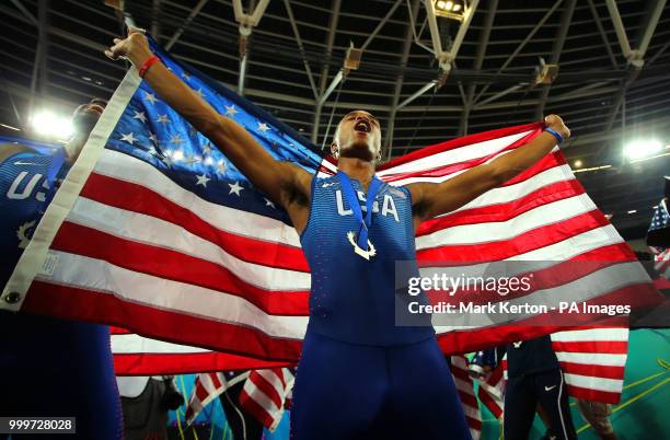 Team USA celebrate winning the Athletics World Cup during day two of the Athletics World Cup at The Queen Elizabeth Stadium, London.