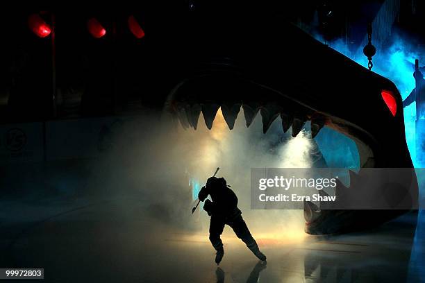 Member of the San Jose Sharks skates out onto the ice during introductions before the Sharks take on the Chicago Blackhawks in Game Two of the...