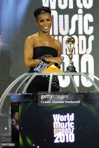 Melody Thornton of the Pussycat Dolls speaks on stage during the World Music Awards 2010 at the Sporting Club on May 18, 2010 in Monte Carlo, Monaco.