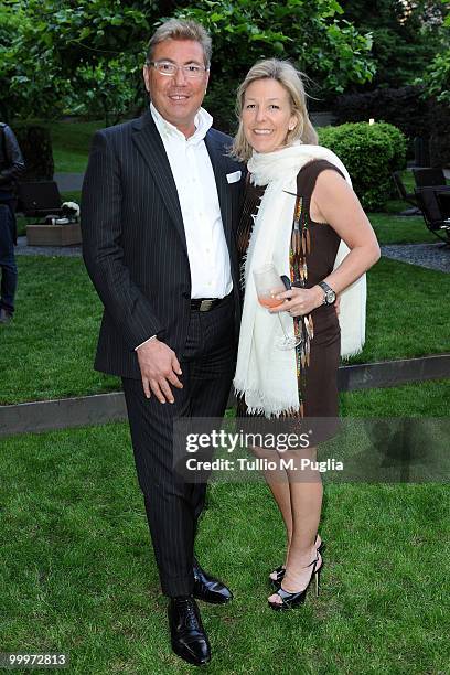 Ugo Tizzani and W Publisher Nina Lawrence attend the cocktail reception for W Magazine's editor-in-chief at the Bulgari Hotel on May 18, 2010 in...