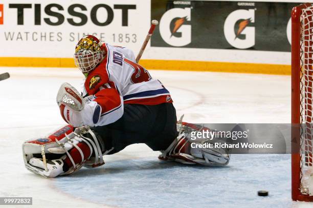 Shane Owen of the Moncton Wildcats lets in a goal during the 2010 Mastercard Memorial Cup Tournament game against the Windsor Spitfires at the...