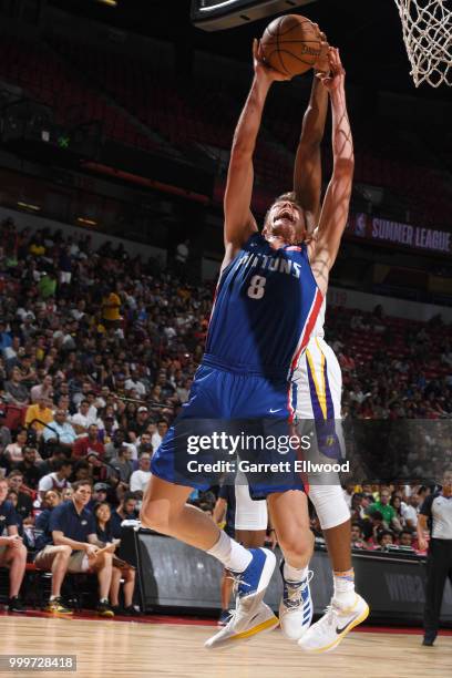 Henry Ellenson of the Detroit Pistons reaches for a rebound during the game against the Los Angeles Lakers during the 2018 Las Vegas Summer League on...