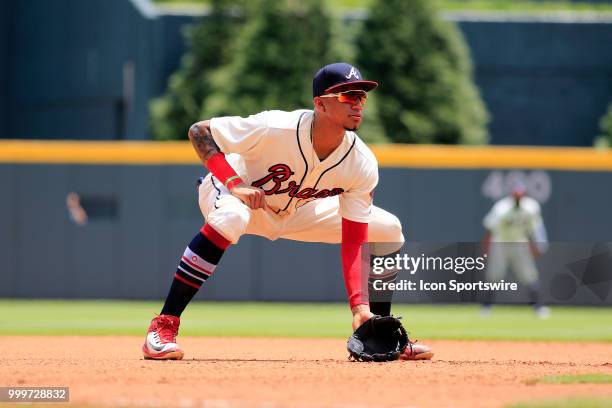 Atlanta Braves Third baseman Johan Camargo during the MLB game between the Arizona Diamondbacks and the Atlanta Braves on July 15 at Suntrust Park in...