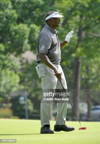 Vijay Singh acknowledges the gallery on the eighth hole during the final round of the PGA TOUR Champions Constellation SENIOR PLAYERS Championship at...