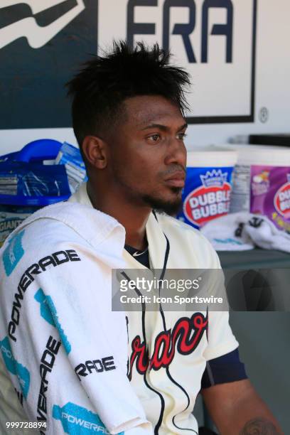 Atlanta Braves Starting pitcher Julio Teheran rests in the dugout during the MLB game between the Arizona Diamondbacks and the Atlanta Braves on July...