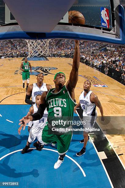 Rajon Rondo of the Boston Celtics shoots against the Orlando Magic in Game Two of the Eastern Conference Finals during the 2010 NBA Playoffs on May...