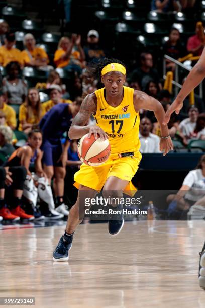 Erica Wheeler of the Indiana Fever handles the ball during the game against the Phoenix Mercury on July 15, 2018 at Bankers Life Fieldhouse in...