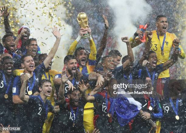 France goalkeeper Hugo Lloris lifts the trophy during the 2018 FIFA World Cup Russia Final between France and Croatia at Luzhniki Stadium on July 15,...