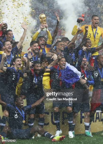 France goalkeeper Hugo Lloris lifts the trophy during the 2018 FIFA World Cup Russia Final between France and Croatia at Luzhniki Stadium on July 15,...