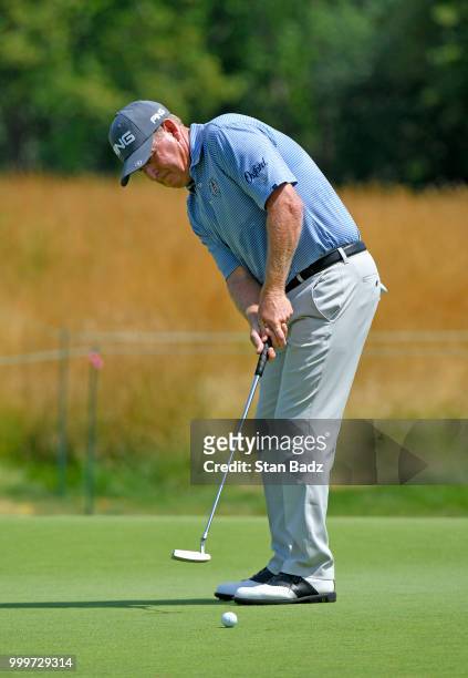 Jeff Maggert hits a putt on the third hole during the final round of the PGA TOUR Champions Constellation SENIOR PLAYERS Championship at Exmoor...