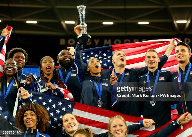 Team USA Captain Queen Harrison and her team celebrate winning the Athletics World Cup during day two of the Athletics World Cup at The Queen...