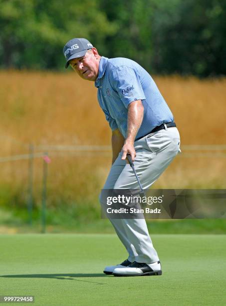 Jeff Maggert reacts to his putt on the third hole during the final round of the PGA TOUR Champions Constellation SENIOR PLAYERS Championship at...