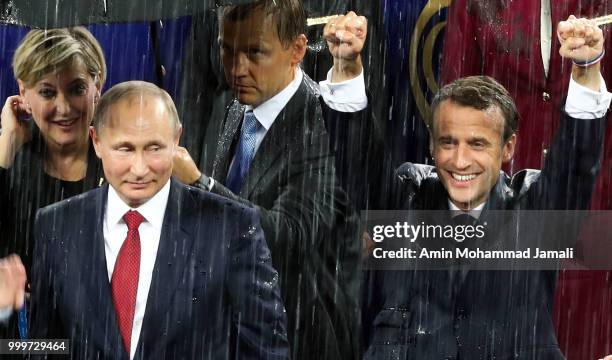 Russian President Vladimir Putin , French President Emmanuel Macron and FIFA President Gianni Infantino attend the award ceremony of the 2018 FIFA...