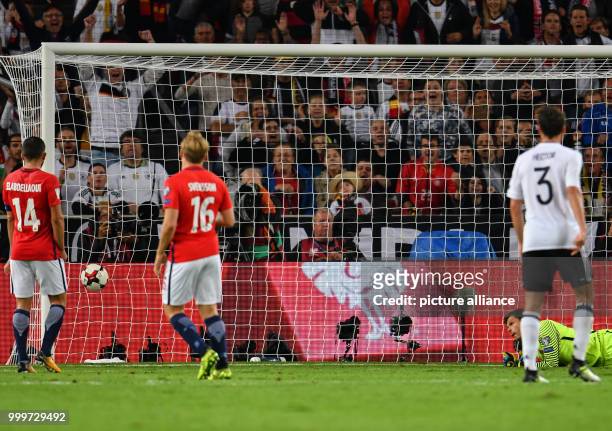 Germany's Mario Gomez scores 6-0 during the soccer World Cup qualification group stage match between Germany and Norway in the Mercedes-Benz Arena in...