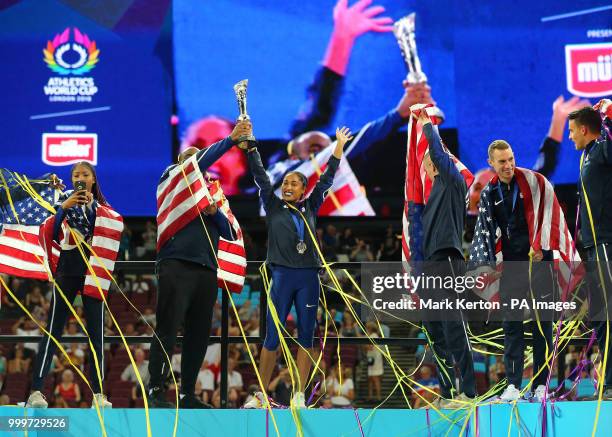 Team USA Captain Queen Harrison celebrates winning the Athletics World Cup during day two of the Athletics World Cup at The Queen Elizabeth Stadium,...