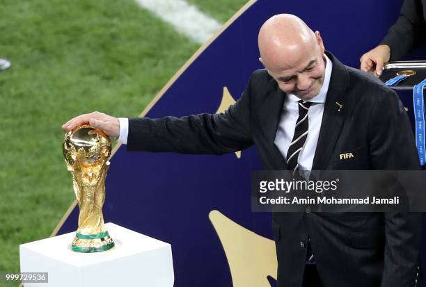 President Gianni Infantino attend the award ceremony of the 2018 FIFA World Cup Russia Final between France and Croatia at Luzhniki Stadium on July...