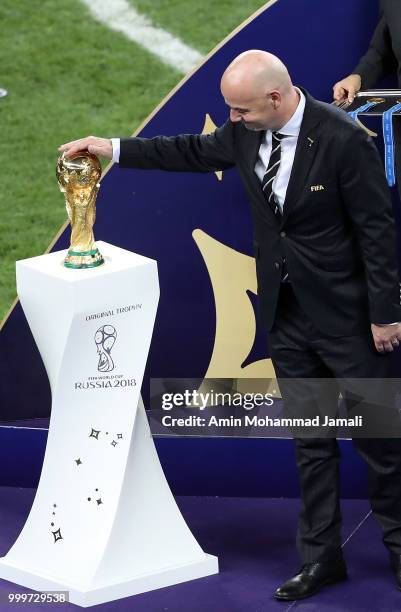 President Gianni Infantino attend the award ceremony of the 2018 FIFA World Cup Russia Final between France and Croatia at Luzhniki Stadium on July...