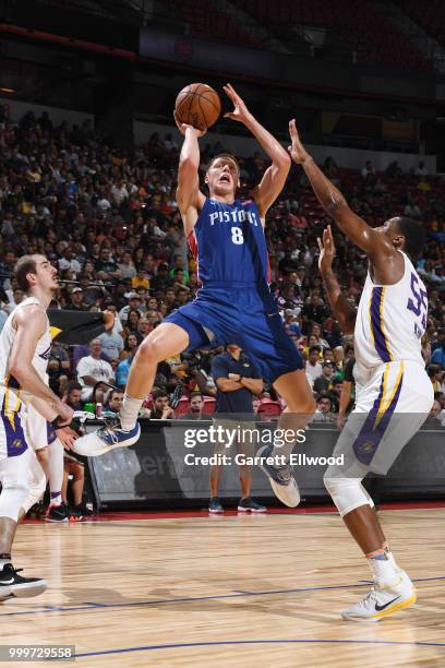 Henry Ellenson of the Detroit Pistons drives to the basket during the game against the Los Angeles Lakers during the 2018 Las Vegas Summer League on...