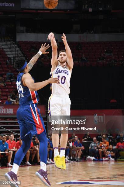Sviatoslav Mykhailiuk of the Los Angeles Lakers shoots the ball during the game against the Detroit Pistons during the 2018 Las Vegas Summer League...