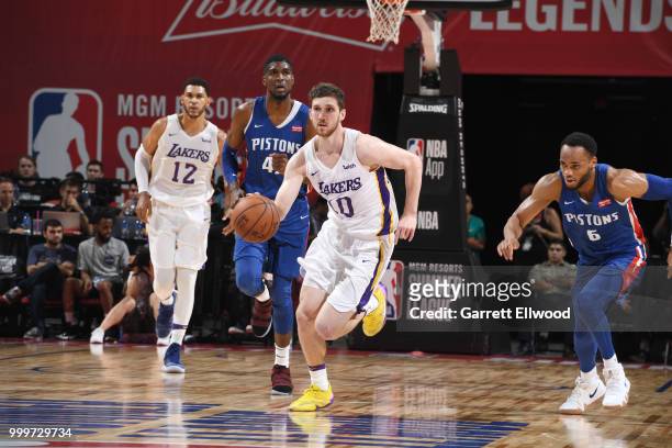 Sviatoslav Mykhailiuk of the Los Angeles Lakers dribbles the ball during the game against the Detroit Pistons during the 2018 Las Vegas Summer League...