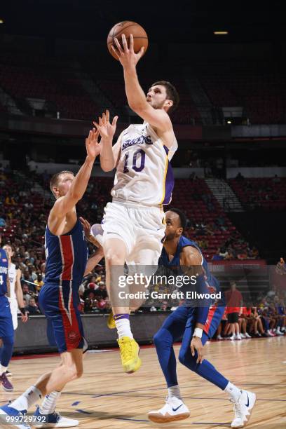 Sviatoslav Mykhailiuk of the Los Angeles Lakers drives to the basket during the game against the Detroit Pistons during the 2018 Las Vegas Summer...