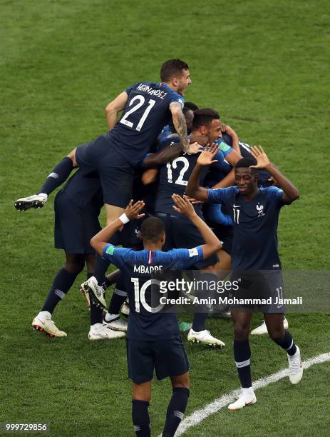 Players from the France team celebrate their victory during the 2018 FIFA World Cup Russia Final between France and Croatia at Luzhniki Stadium on...