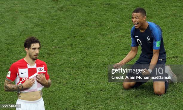 Kylian Mbappe of France celebrates after the match the 2018 FIFA World Cup Russia Final between France and Croatia at Luzhniki Stadium on July 15,...