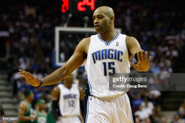 Vince Carter of the Orlando Magic gestures on court against the Boston Celtics in Game Two of the Eastern Conference Finals during the 2010 NBA...