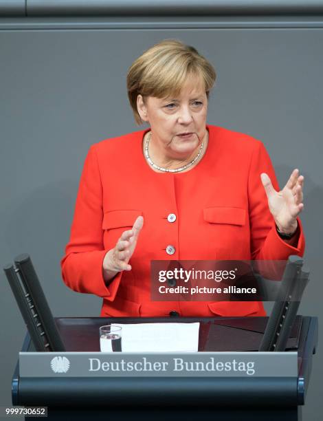 German chancellor Angela Merkel speaks during the last official meeting day of the German parliament before the elections 2017, in Berlin, Germany, 5...