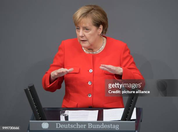 German chancellor Angela Merkel speaks during the last official meeting day of the German parliament before the elections 2017, in Berlin, Germany, 5...