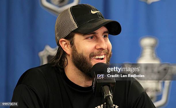 Simon Gagne of the Philadelphia Flyers speaks to the media after defeating the Montreal Canadiens 3-0 in Game Two of the Eastern Conference Finals...