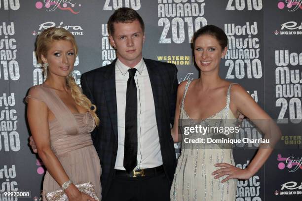 Paris Hilton, Barron Nicholas Hilton and Nicky Hilton attend the World Music Awards 2010 at the Sporting Club on May 18, 2010 in Monte Carlo, Monaco.