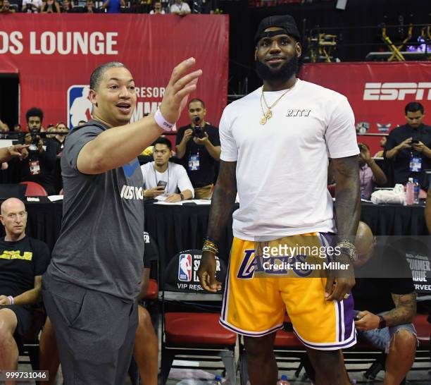 Head coach Tyronn Lue of the Cleveland Cavaliers talks with LeBron James of the Los Angeles Lakers after a quarterfinal game of the 2018 NBA Summer...