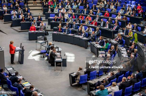 German chancellor Angela Merkel speaks during the last official meeting day of the German parliament before the elections 2017, in Berlin, Germany, 5...