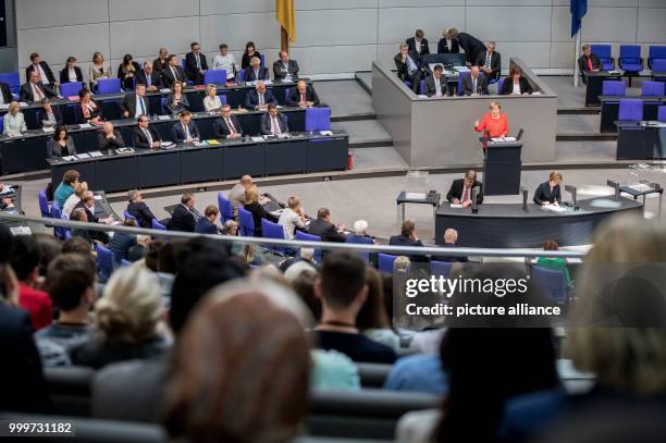 German chancellor Angela Merkel speaks during the last official meeting day of the German parliament before the elections 2017, in Berlin, Germany, 5...