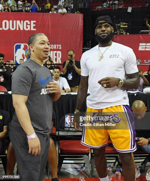 Head coach Tyronn Lue of the Cleveland Cavaliers talks with LeBron James of the Los Angeles Lakers after a quarterfinal game of the 2018 NBA Summer...