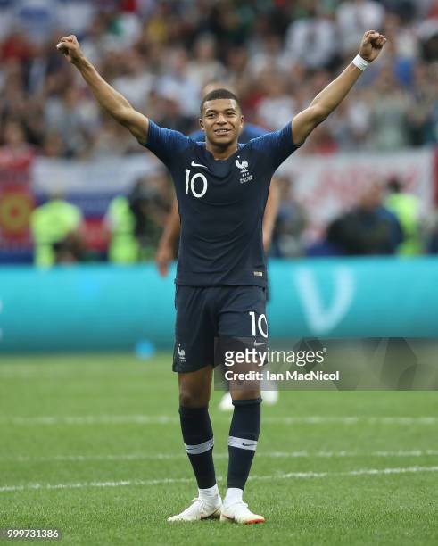Kylian Mbappe of France celebrates at the final whistle during the 2018 FIFA World Cup Russia Final between France and Croatia at Luzhniki Stadium on...