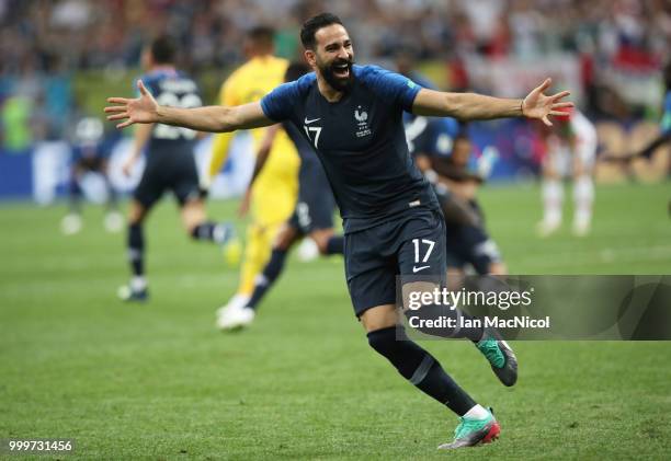 Adil Rami of France celebrates at the final whistle during the 2018 FIFA World Cup Russia Final between France and Croatia at Luzhniki Stadium on...