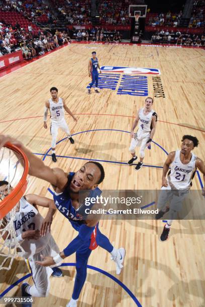 Henry Ellenson of the Detroit Pistons drives to the basket during the game against the Los Angeles Lakers during the 2018 Las Vegas Summer League on...
