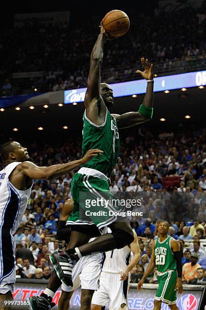 Kevin Garnett of the Boston Celtics drives for a dunk against the Orlando Magic in Game Two of the Eastern Conference Finals during the 2010 NBA...